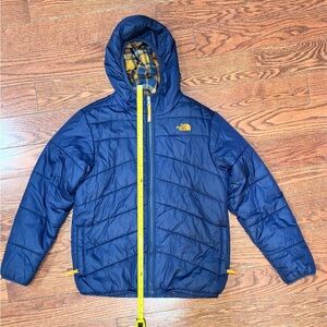 The North Face Navy Puffer Jacket with Orange Detail